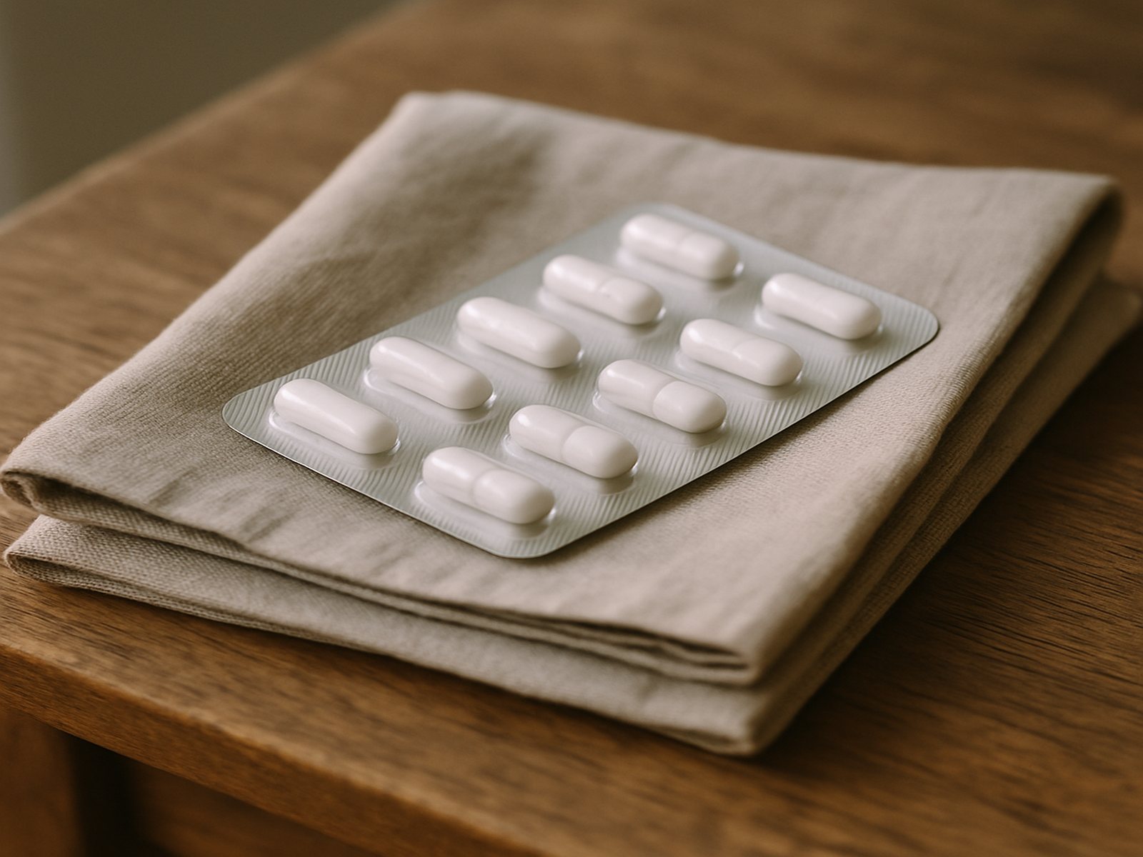 A blister pack of capsules on linen