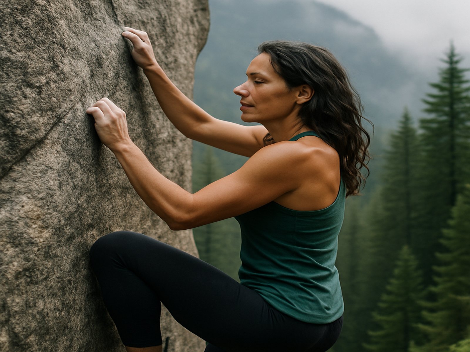 A woman bouldering on granite in the Cascades