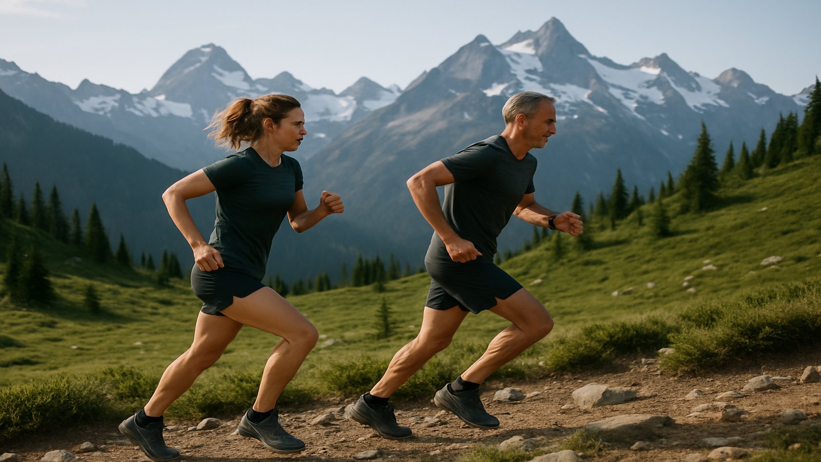 A man and a woman trail running in the North Cascades