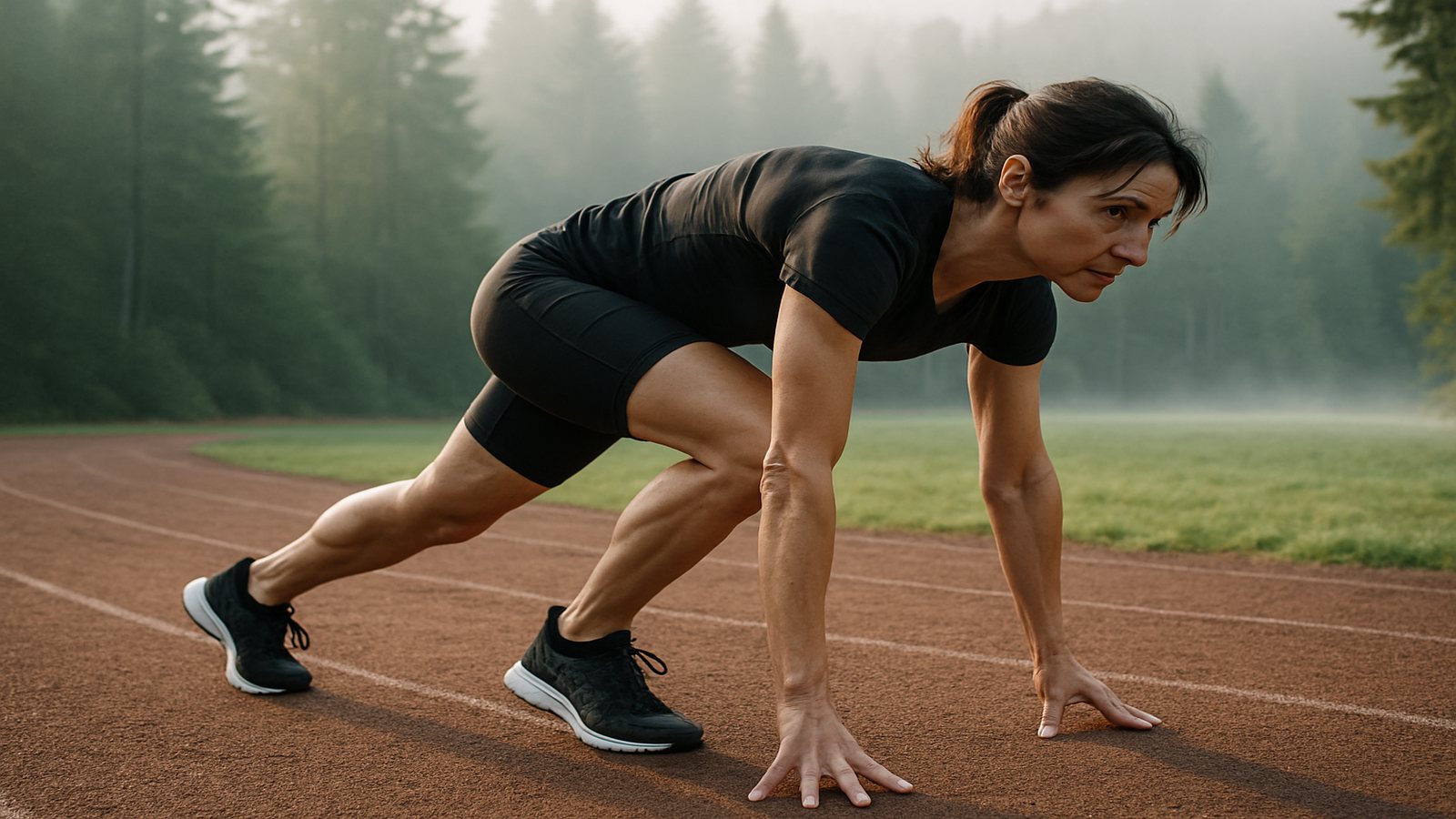 A woman in a sprint start on a track beside a forest in Washington
