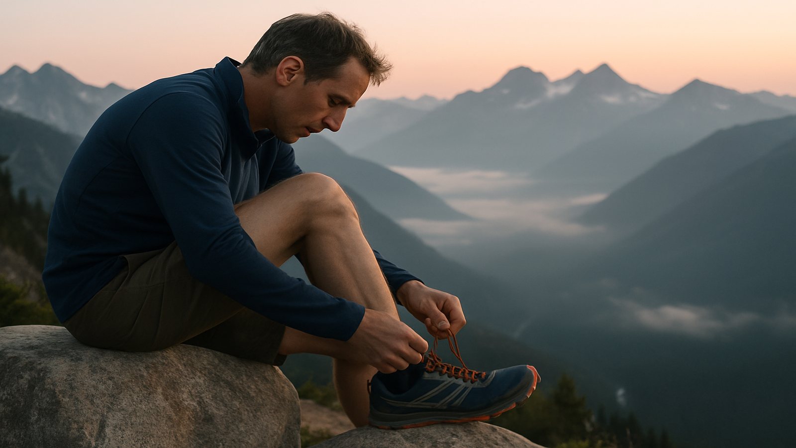 A man lacing a trail-running shoe on a boulder at a mountain overlook at dawn
