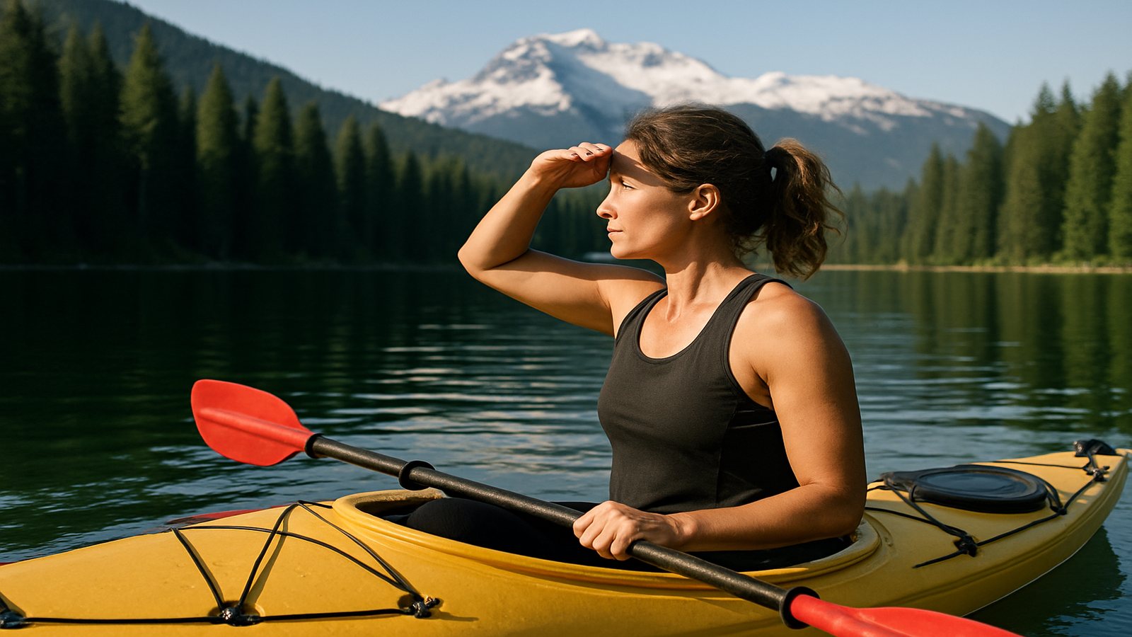 A woman in a kayak on an alpine lake, shading her eyes to scan the far shore