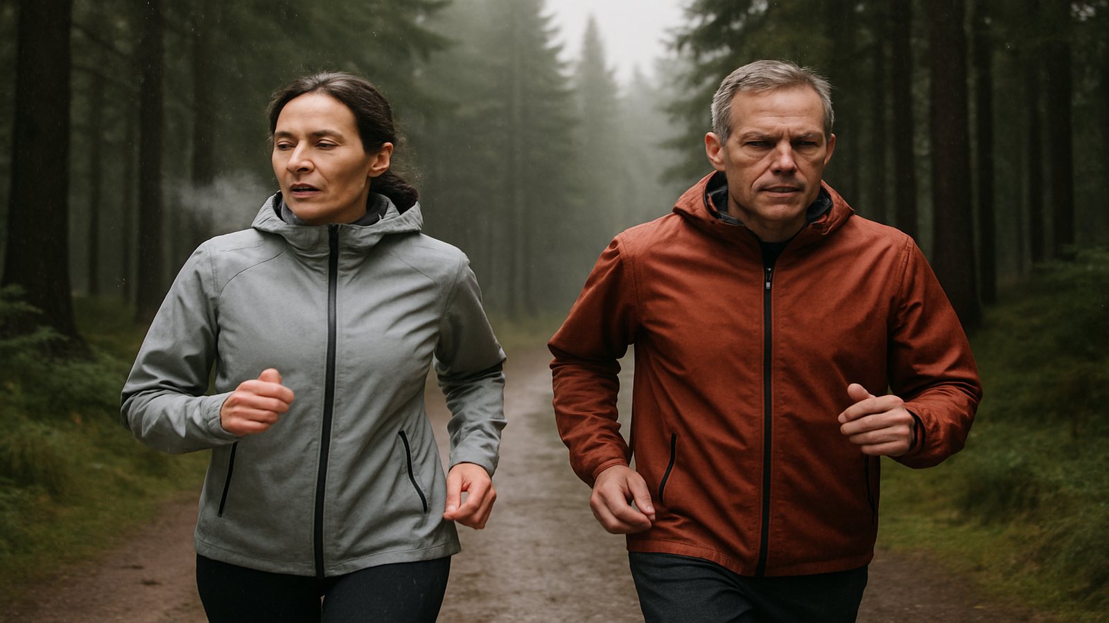 A man and a woman running a forest trail in light rain