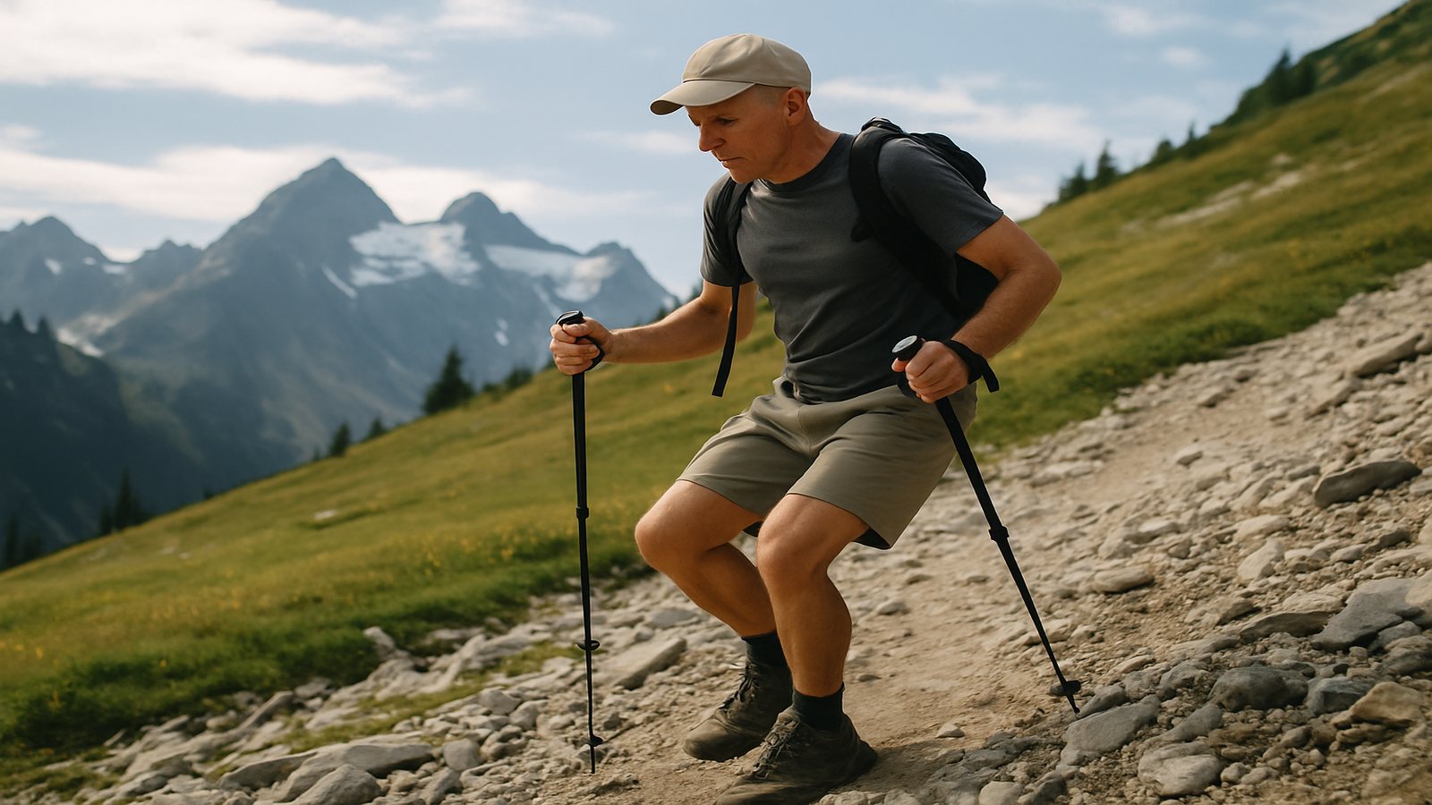 A man hiking down a rocky scree trail in the North Cascades with trekking poles