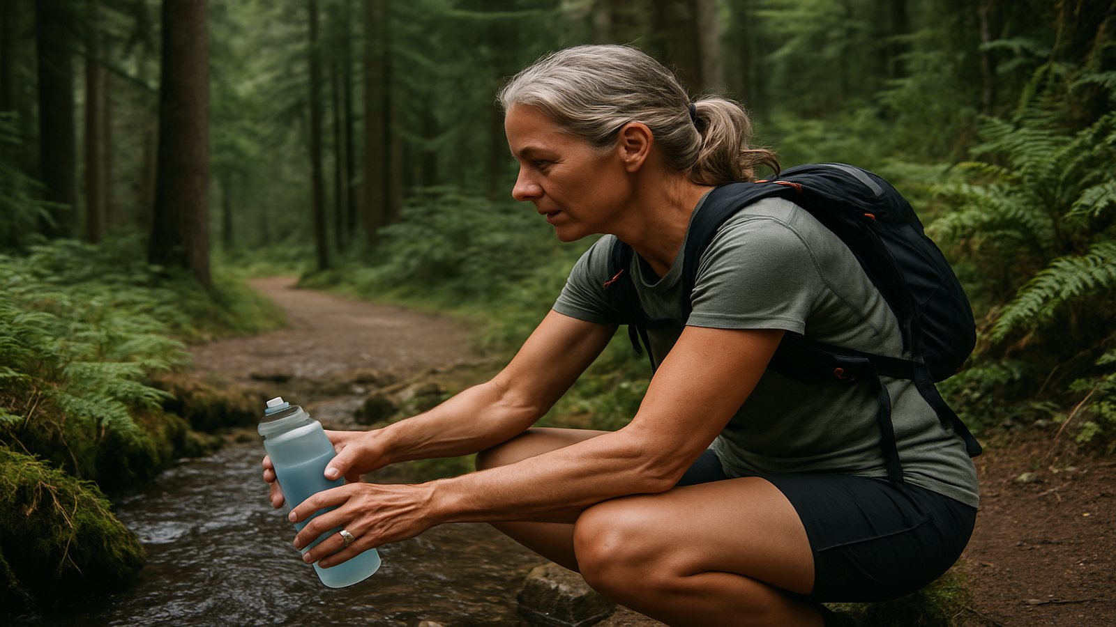 A woman refilling a water bottle at a mountain stream beside a trail