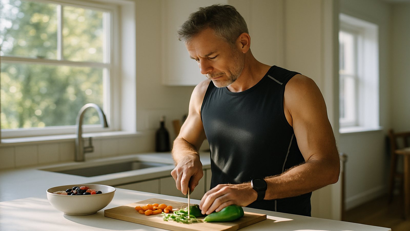 A man in running clothes chopping vegetables after a run