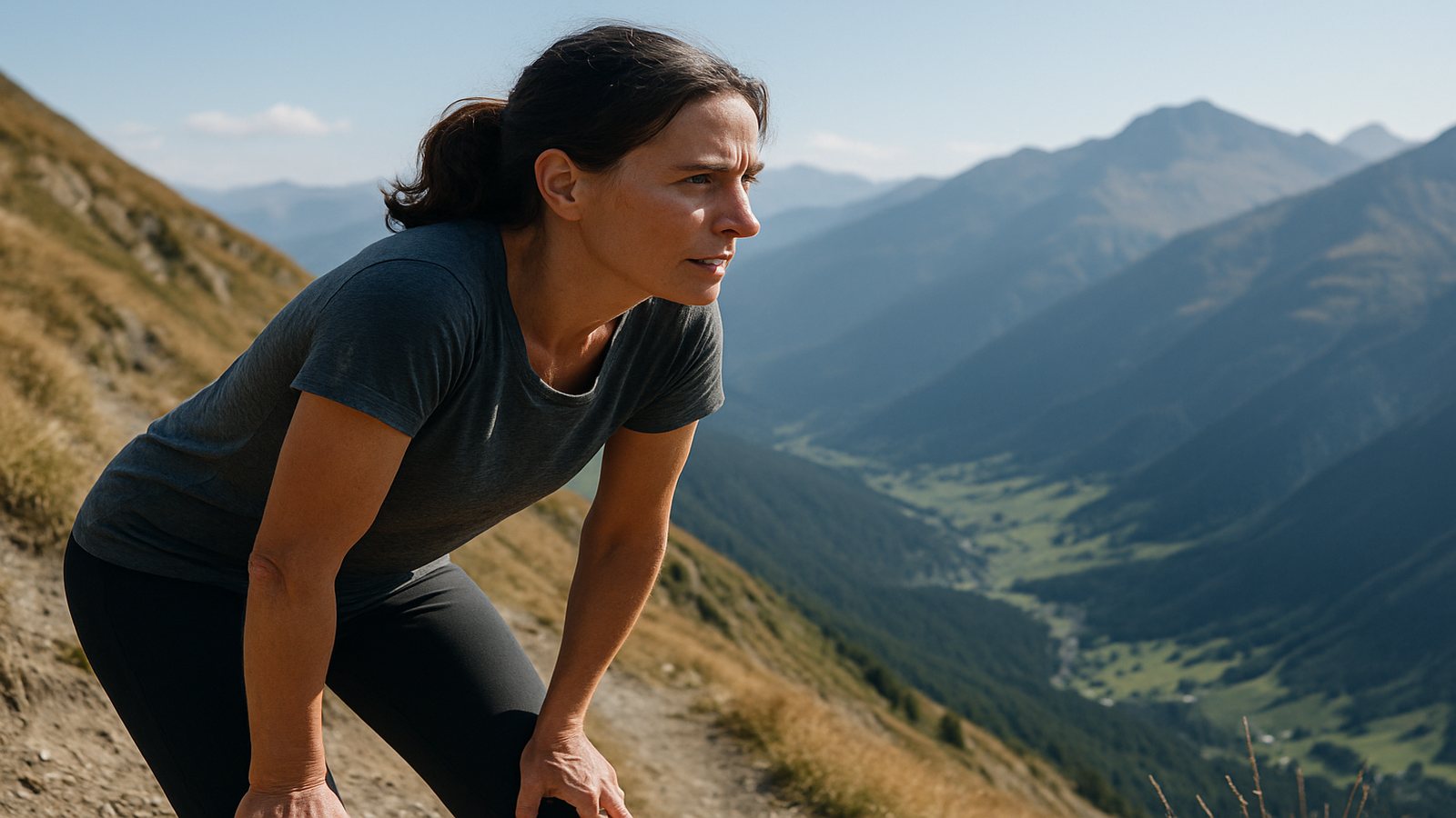A woman catching her breath at the top of a steep alpine trail