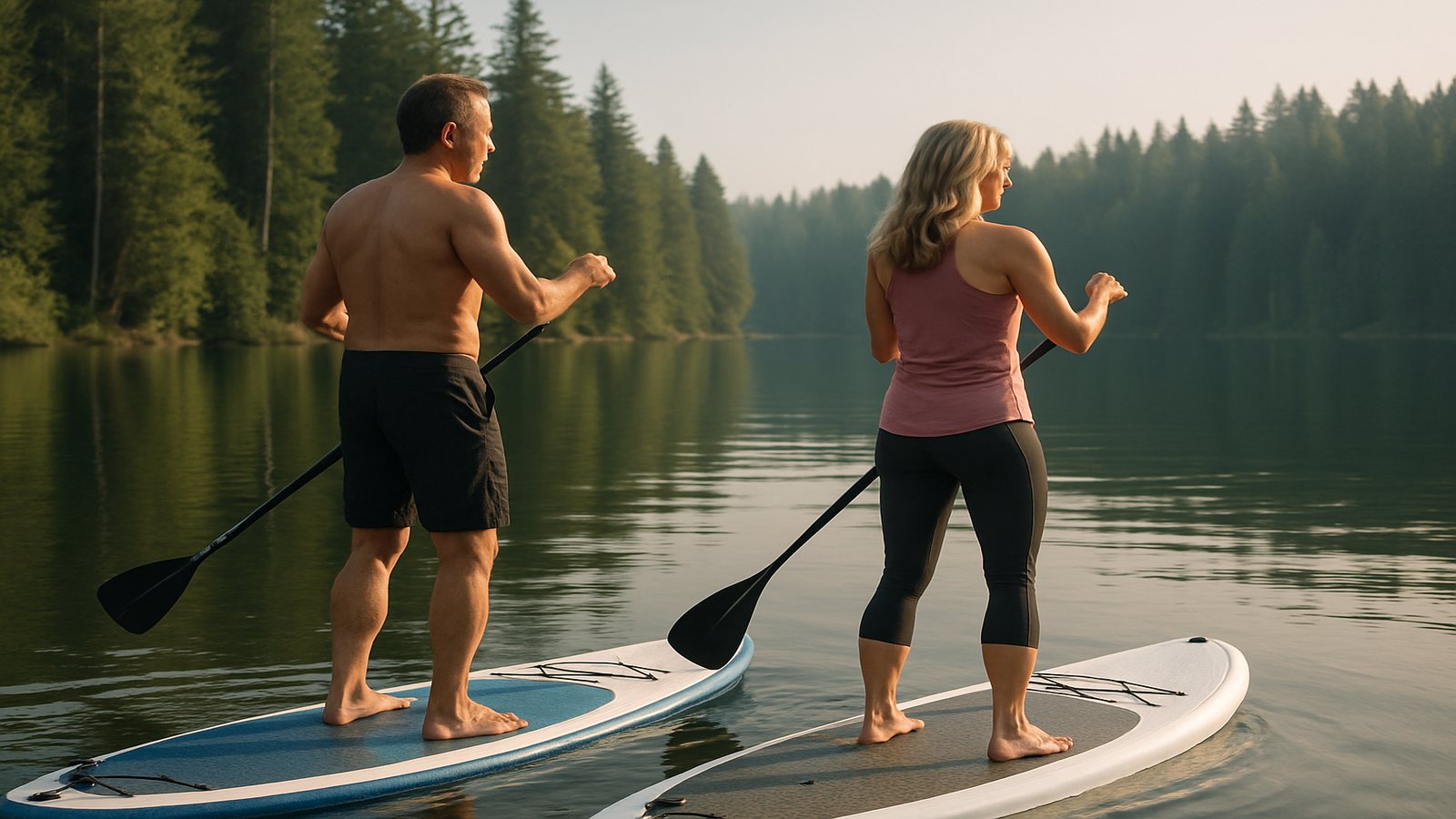 A couple stand-up paddleboarding side by side on a calm lake