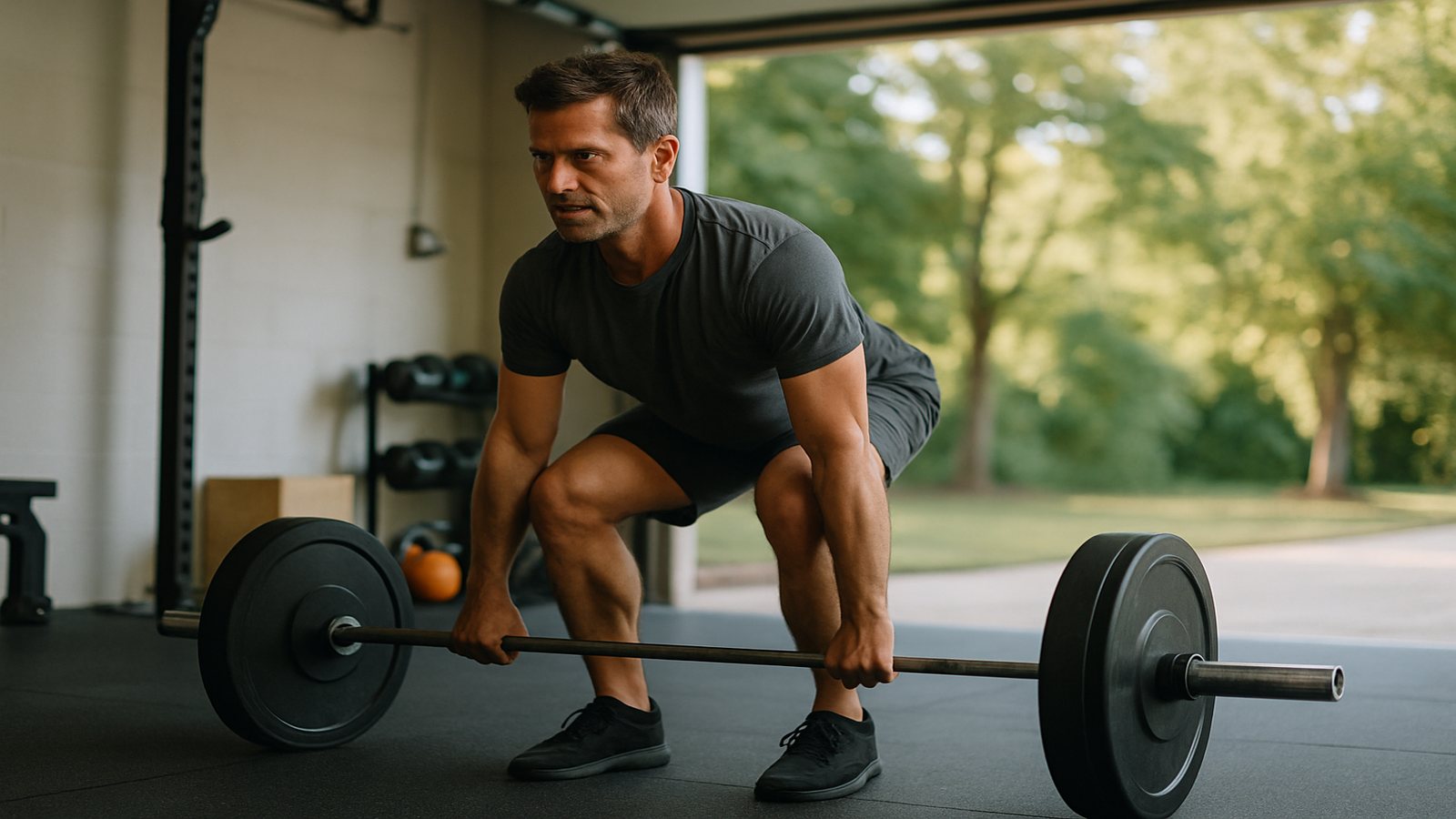 A man pulling a barbell deadlift in a home garage gym