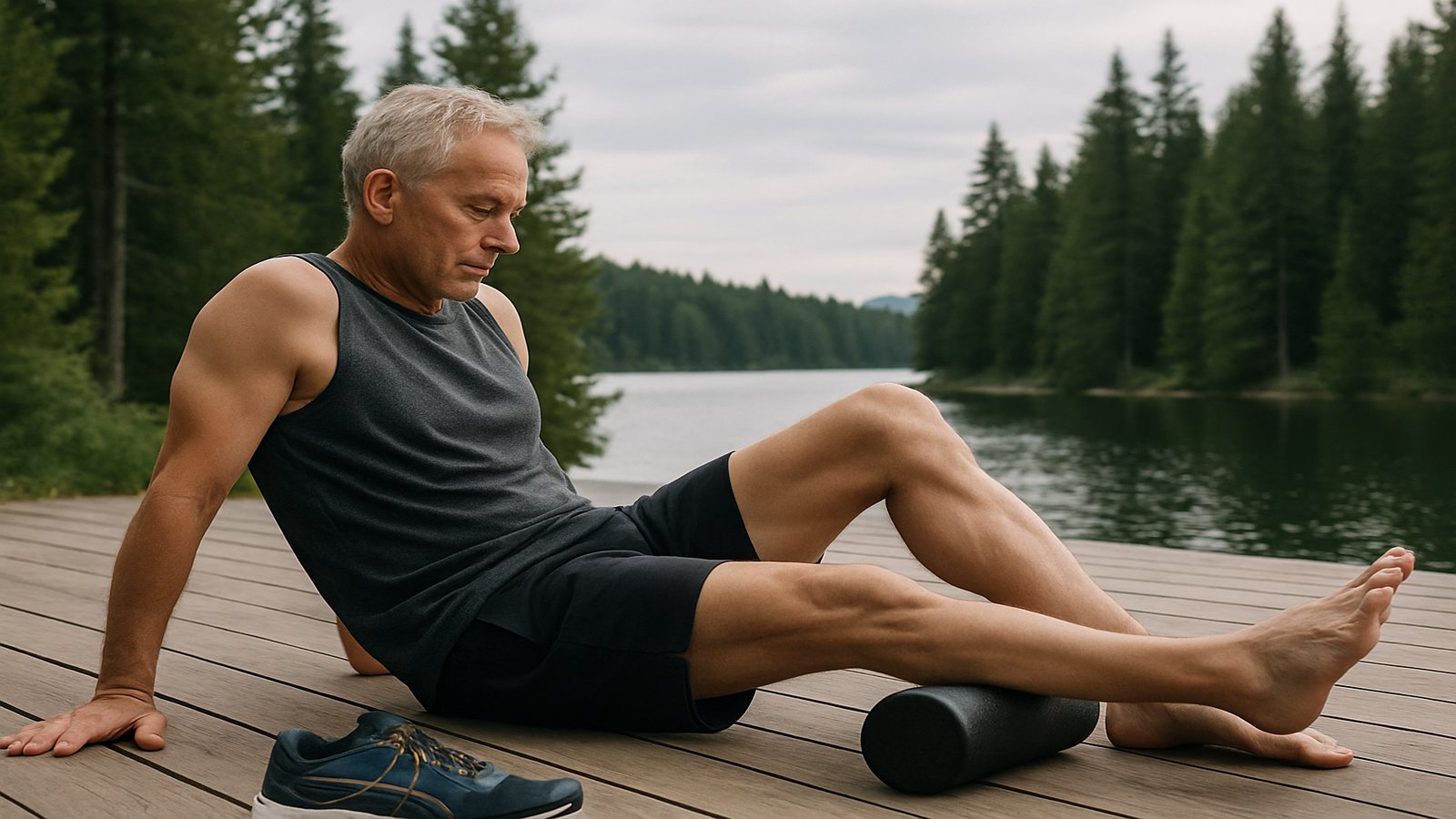 A man foam-rolling his calf on a wooden deck after a run