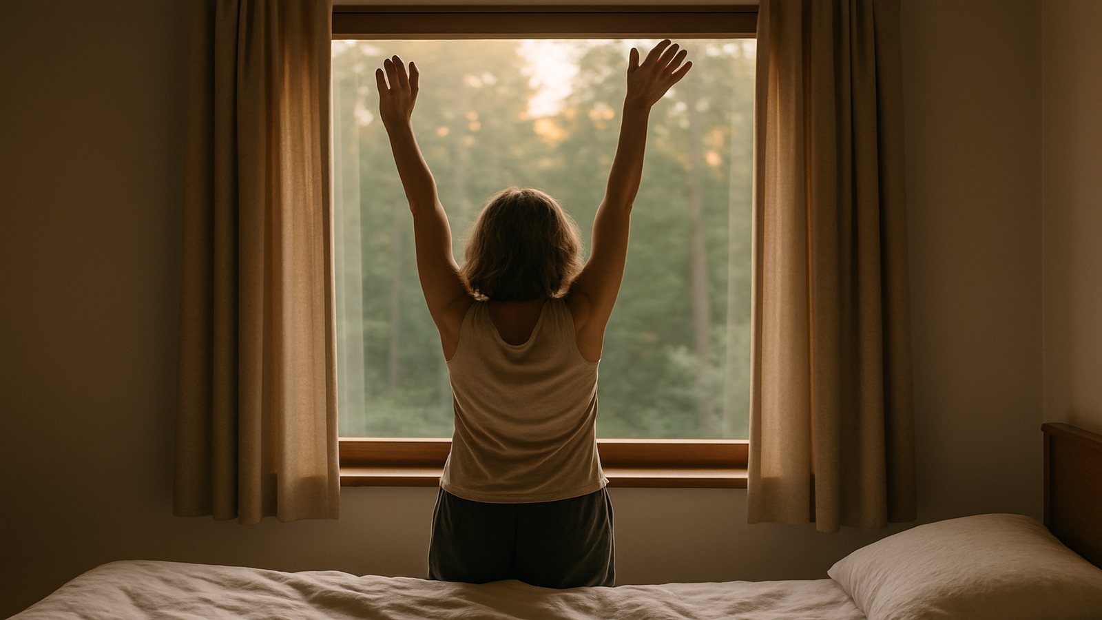 A woman stretching at a bedroom window at first light