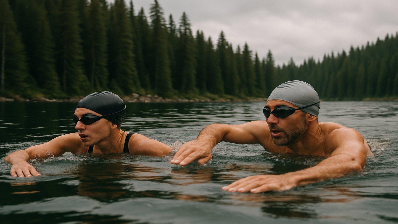 A man and a woman swimming in open water in a glacial lake