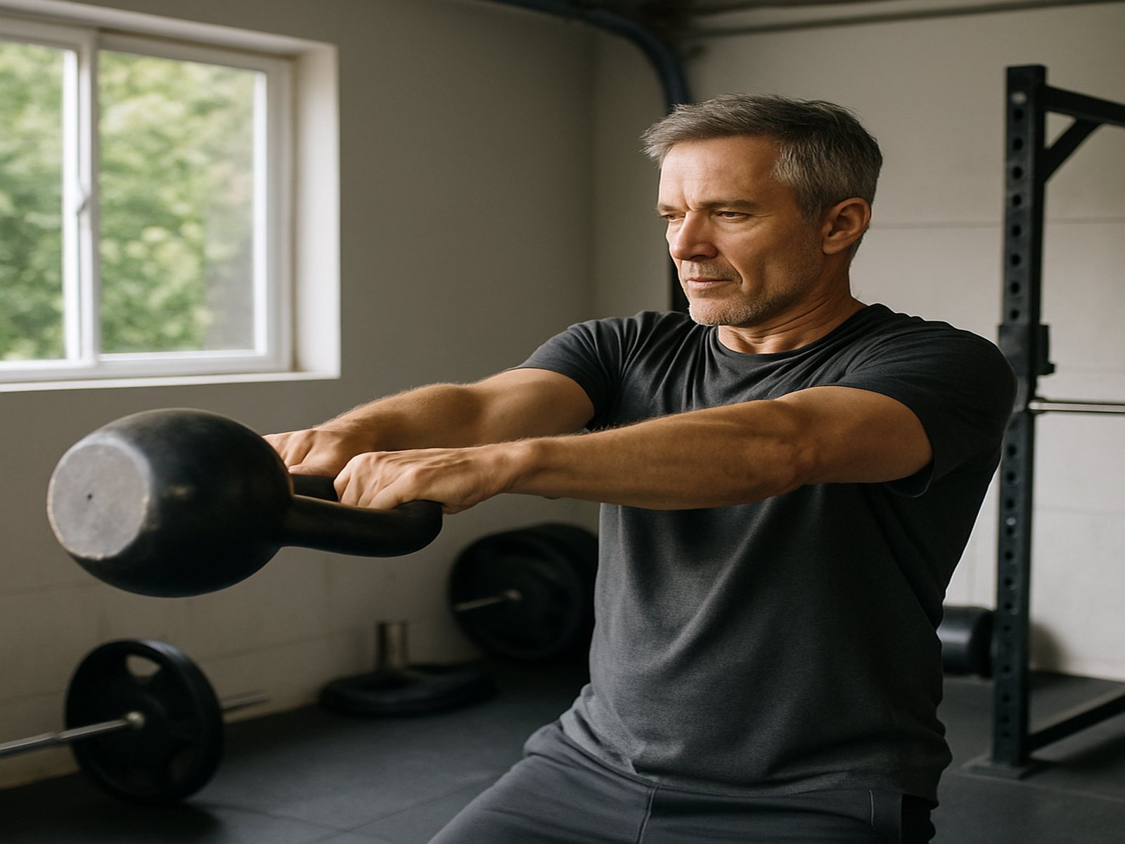 A man doing a kettlebell swing in a home gym