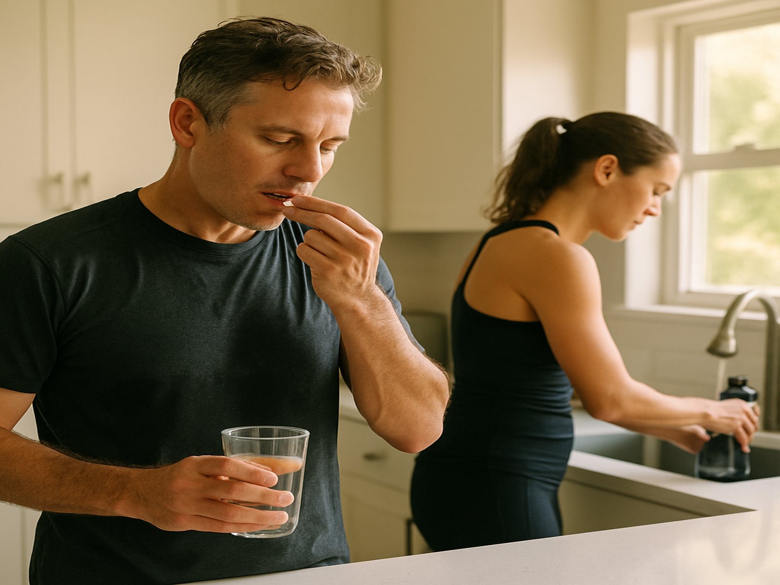 Back from a run, taking a capsule with water at the kitchen counter