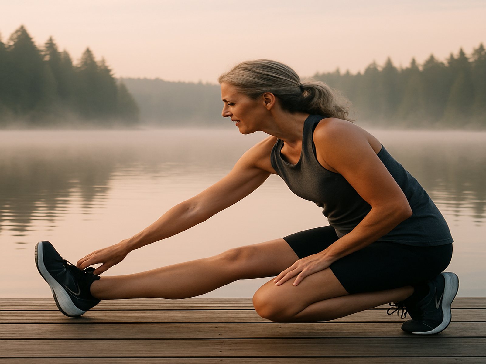 A woman stretching on a lake dock at dawn